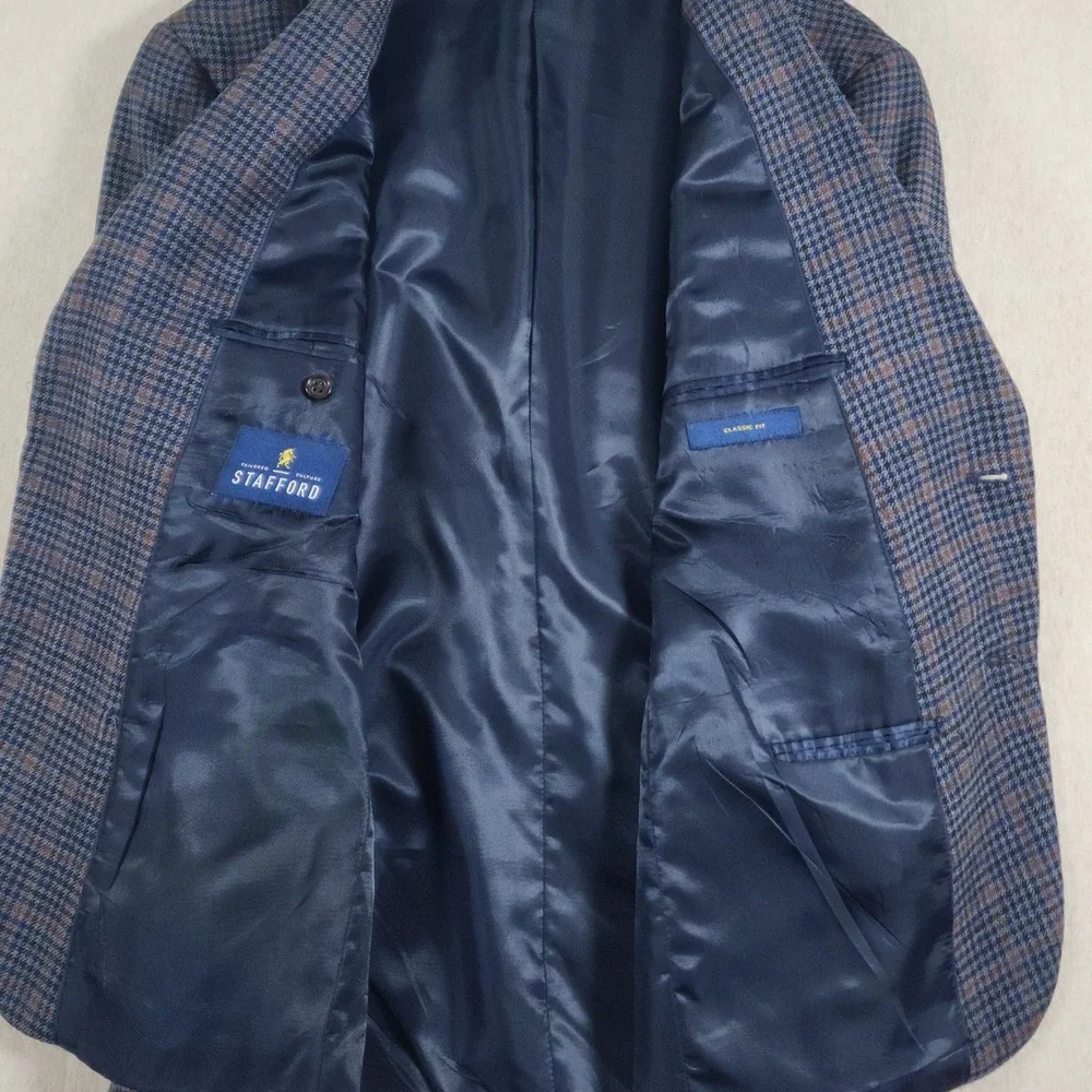 Merino Wool Plaid Blazer Mens 44S Dark Academia Classic Fit Navy Sport Coat